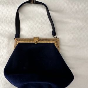 Vintage Women's Navy Suede Evening Bag With Exquisite Frame And Clasp
